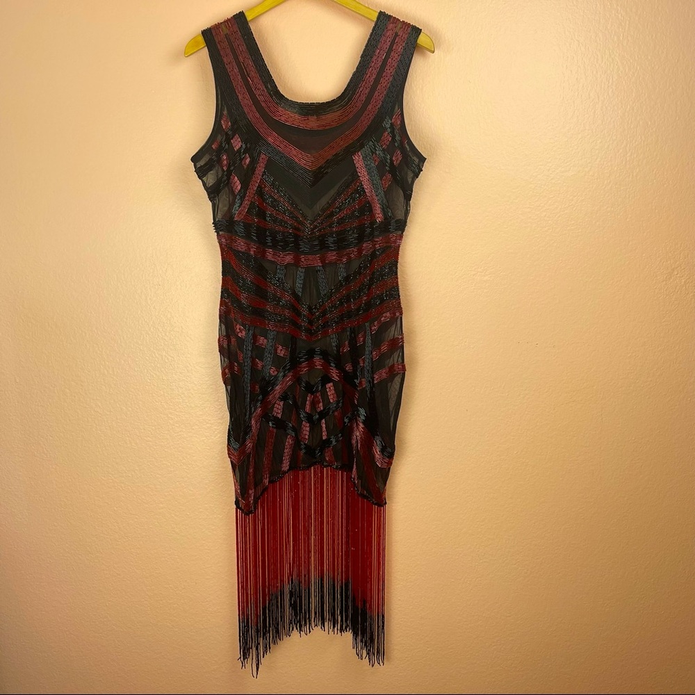 Unique Vintage Red & Black Beaded Flapper Dress XL